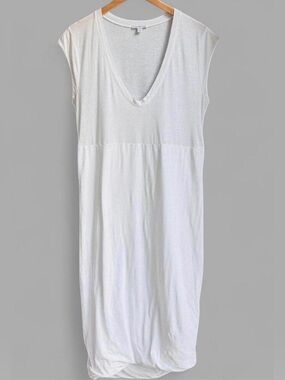 James Perse White Deep V-Neck Midi Stretch Pencil Dress Lined Bubble Hem Sz 0 XS